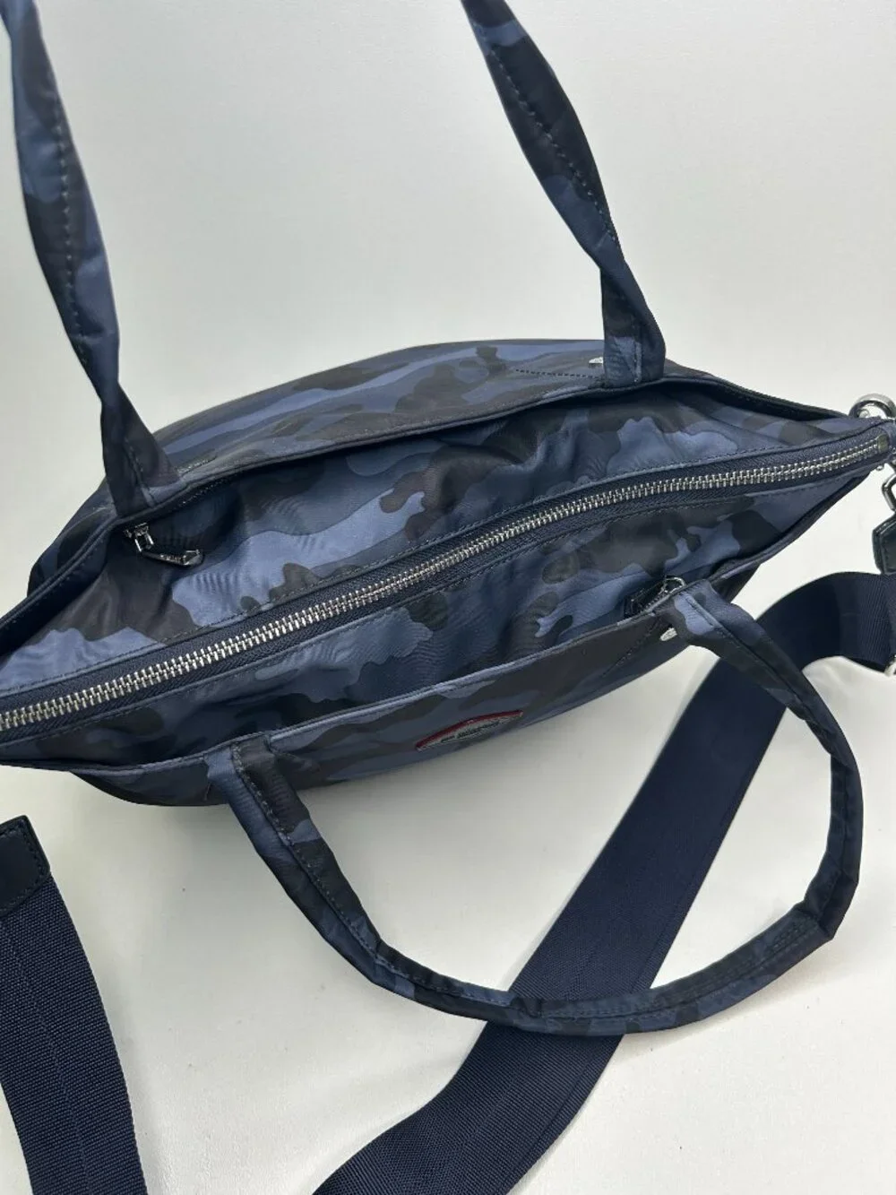 MZ WALLACE Medium Blue Camo Soho Crossbody Tote w/Pouch & Crossbody Strap